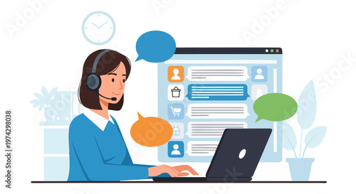 Woman Customer Service Operator with Headset Working on Laptop