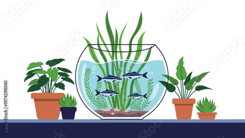 Small aquarium with blue fish and green aquatic plants sitting on a shelf next to several potted houseplants of various shapes and sizes.