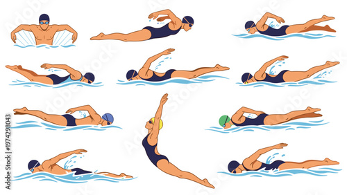 Diverse group of male and female swimmers demonstrating various strokes and techniques like freestyle and diving in clear blue water.