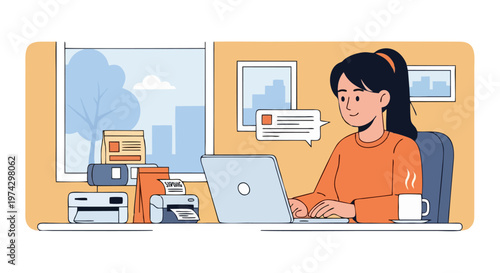 Woman Working on Laptop with Notification Chat Icon