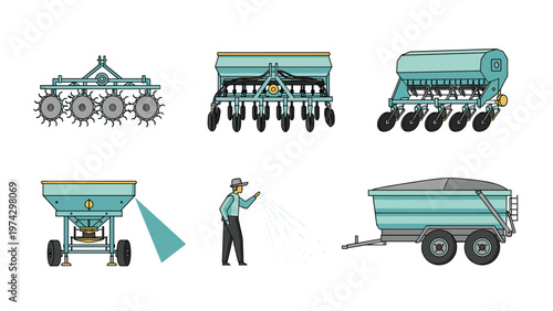 Set of modern agricultural equipment and farm machinery including seeders, spreaders, and a trailer with a professional farmer worker.