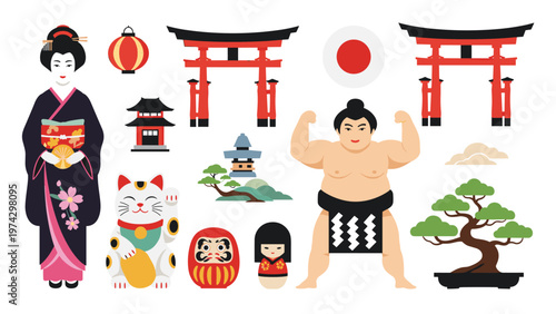 Collection of iconic Japanese cultural symbols featuring a geisha, sumo wrestler, lucky cat, torii gates, and a miniature bonsai tree.