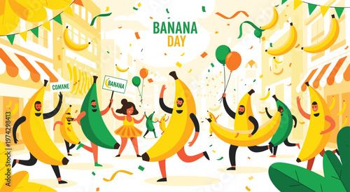 Happy people in banana costumes are celebrating banana day. Event takes place in city with buildings in background and confetti in air, festive banner, balloons, and fruits are present.