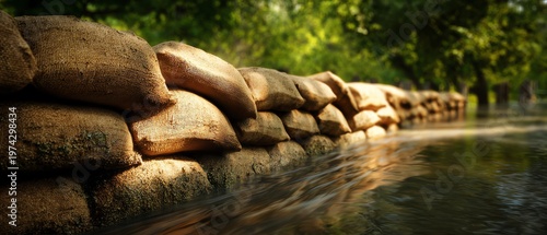 Flood barrier made of sandbags by the water.