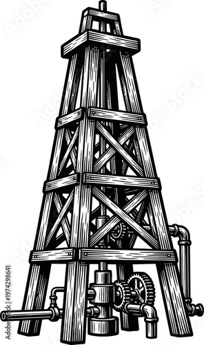 A black and white line drawing of an old wooden oil derrick with a pumpjack at its base. The vintage industrial equipment represents historical energy extraction and production.