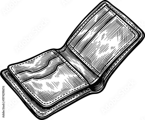 Vintage sketch illustration of an open, empty leather wallet. This hand-drawn accessory is depicted in a detailed, black and white engraving style, ideal for financial or personal item concepts.