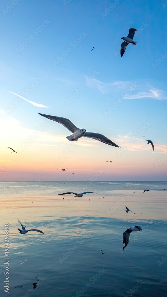 Fototapeta premium A serene coastal scene captures a flock of seagulls soaring gracefully against a vibrant sunset sky over calm ocean waters.