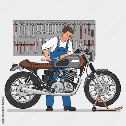 Mechanic working on a vintage motorcycle in a workshop, tools on wall