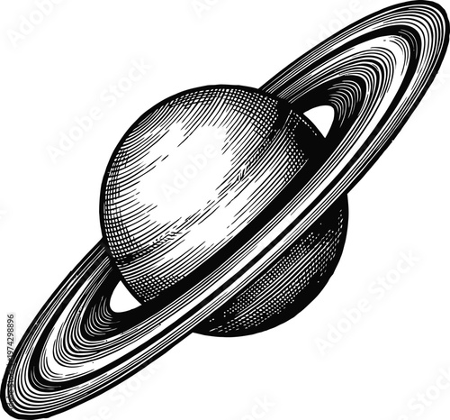 Vintage engraving illustration of the planet Saturn with its prominent rings. Represents space exploration, astronomy, and the cosmos. Isolated on a white background.