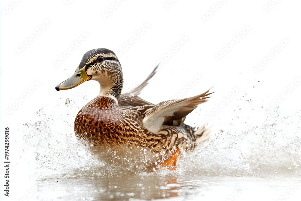 Obraz premium Female mallard duck flapping wings with water splash isolated on white