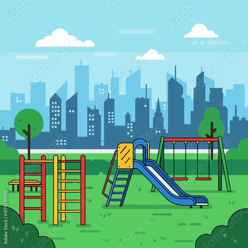 Modern city park playground with swings and slide, urban skyline background