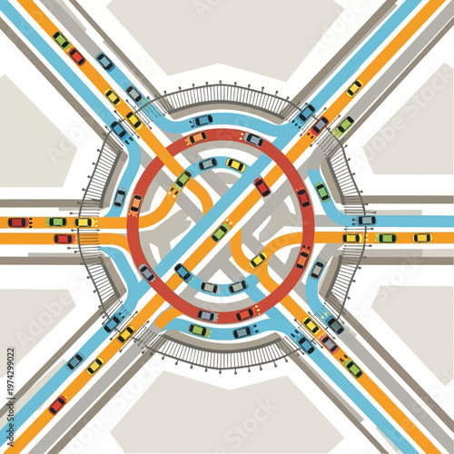Modern traffic circle intersection with cars and lanes, urban infrastructure, transportation concept