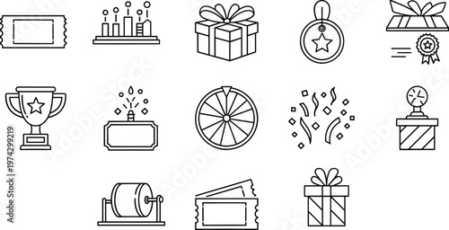 Prize Award and Gift Outline Icons Vector Set Featuring Trophy Ticket Medal Wheel and Celebration Reward Symbols Collection