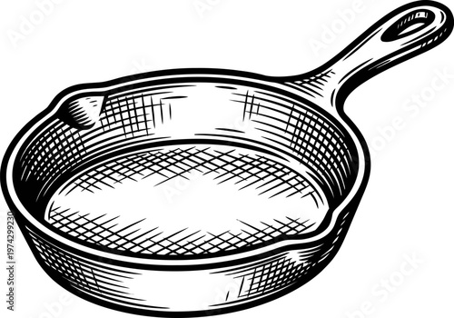 Black and white illustration of a vintage cast iron skillet. Detailed hatching texture on the surface and sides. A classic cooking utensil.