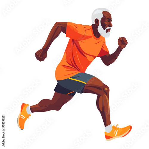 Active African American Senior Man Running, Flat Vector Graphic for Lifespan and Health