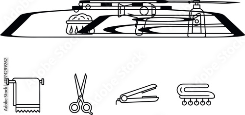 Hair Salon Workstation and Grooming Tools Outline Icons Vector Set Featuring Scissors Straightener Towel Brush and Styling Equipment