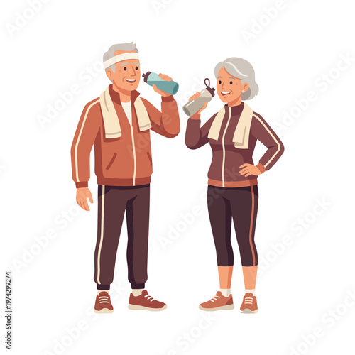 Active Senior Couple Drinking Water After Workout, Hydration Concept Flat Vector