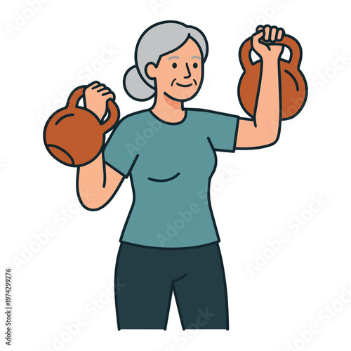 Active Senior Woman Holding Kettlebells, Strength Training and Muscle Maintenance Vector