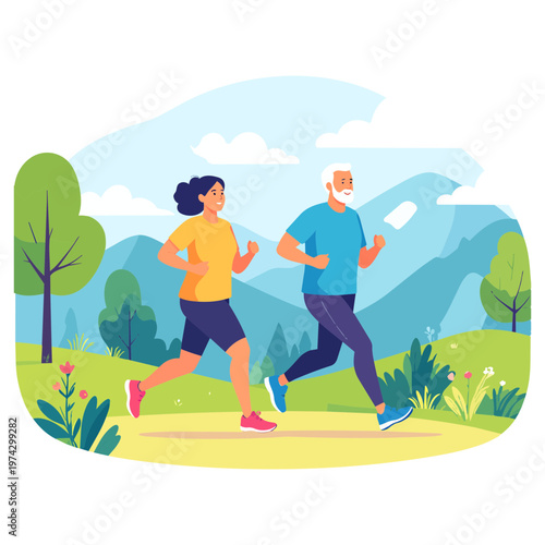 Active Senior Couple Jogging in Nature Park, Cardiovascular Health and Lifespan Vector
