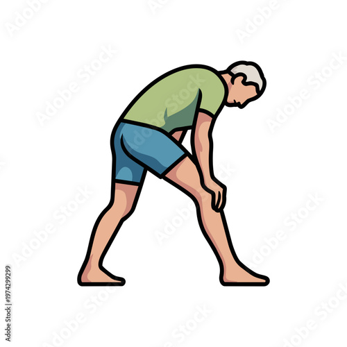 Elderly Man Bending to Touch Toes, Standing Hamstring Stretch Vector Illustration