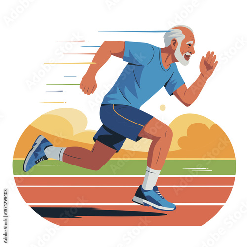 Fit Elderly Man Sprinting on Running Track, High Intensity Active Aging Vector