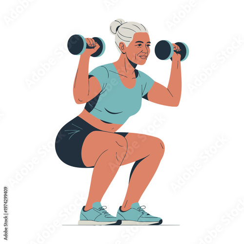 Flat Vector Illustration of Active Senior Woman Doing Squats with Dumbbells for Muscle Maintenance