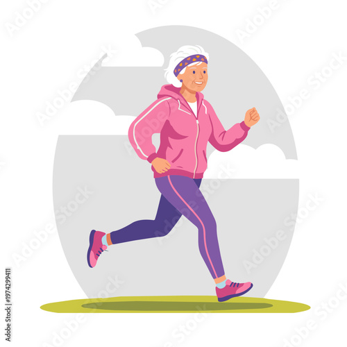 Fit Senior Woman Jogging Outdoors, Cardiovascular Exercise for Longevity Flat Vector