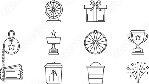 Prize Gift and Reward Outline Icons Vector Set Featuring Trophy Wheel Ticket Medal and Celebration Symbols Collection
