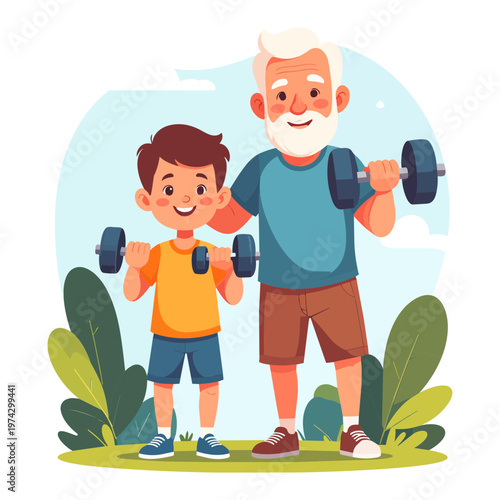Grandfather and Grandson Lifting Dumbbells Together, Generational Fitness Vector Concept