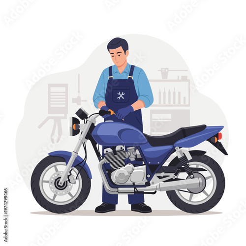 Mechanic working on a blue motorcycle in a workshop