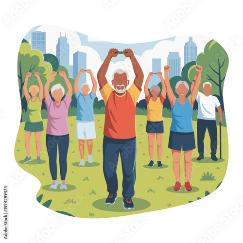 Group of Diverse Senior People Doing Stretching Exercise in Park, Healthy Aging Lifestyle Vector