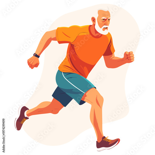 Happy Senior Man Jogging, Flat Vector Illustration for Active Retirement Lifestyle
