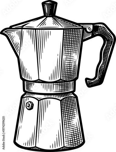 Vintage moka pot coffee maker illustration, classic stovetop espresso brewer outline, traditional kitchenware detail