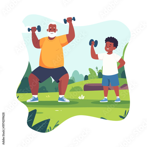 Senior Man and Child Doing Dumbbell Workout in Park, Active Family Lifestyle Vector