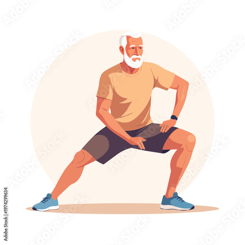 Senior Man Doing Leg Stretching Exercise, Flat Vector Illustration for Active Aging