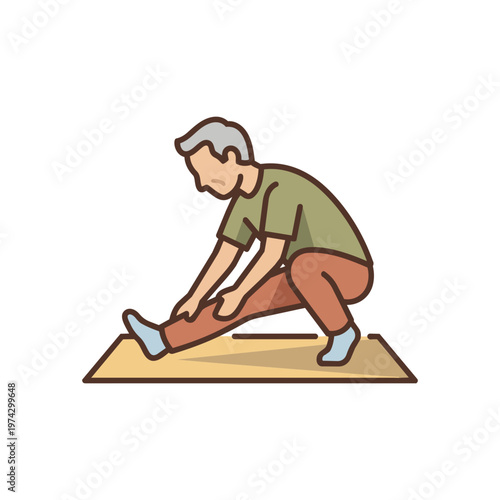 Senior Man Doing Seated Hamstring Stretch on Yoga Mat, Flexibility and Wellbeing Vector