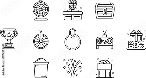 Prize Reward and Game Celebration Outline Icons Vector Set Featuring Trophy Wheel Gift Jackpot and Winning Symbols Collection