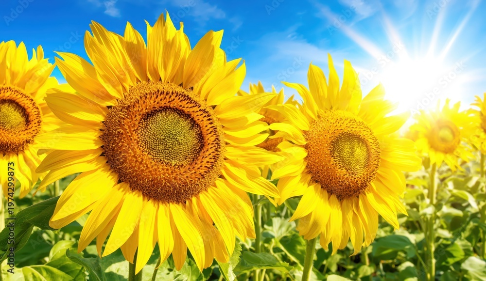 Fototapeta premium Sunflower field with bright sunlight under blue sky