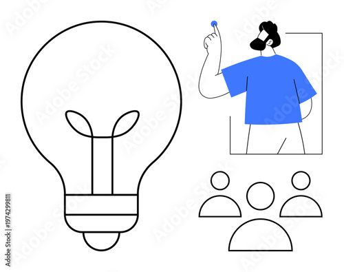 Innovation, creativity, teamwork, leadership, mentoring, business strategy. A light bulb, group of people and a person holding a blue element. Innovation and creativity in modern design