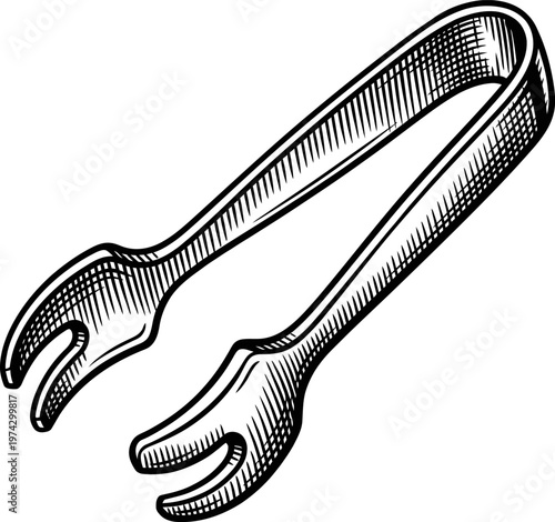 A detailed line drawing illustration of vintage sugar tongs in a retro, engraved style. The kitchen utensil is isolated on a white background, showcasing its intricate design and serving purpose.