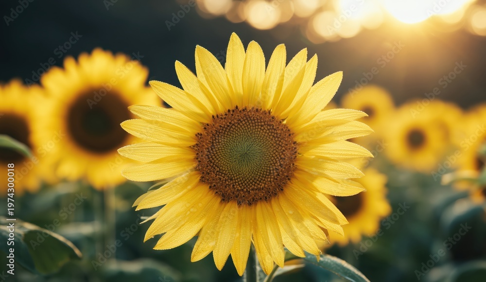 Fototapeta premium Sunflower field under a golden sun and warm light