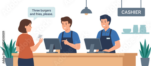 Customer orders burgers and fries at counter from cashier and worker.