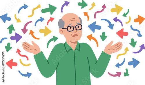 A confused older man surrounded by colorful arrows in confusion.