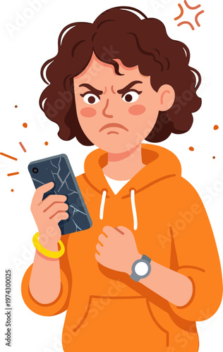 A frustrated woman looks at her broken smartphone in shock indoors.