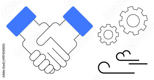 Business partnerships, teamwork, collaboration, workflow optimization, industrial processes, innovation. Handshake with gears and wind motion lines. Teamwork and collaboration concepts