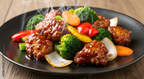A delicious serving of stir fried beef with fresh colorful vegetables on a dark ceramic plate