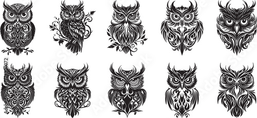 Ten stylized owl bird silhouettes in ornate tribal tattoo style with detailed feather patterns and intense eyes.