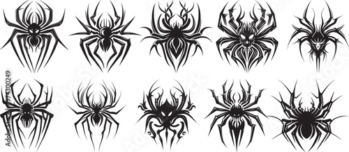 Set of ten tribal black spider vector illustrations, collection of scary insect tattoo designs.