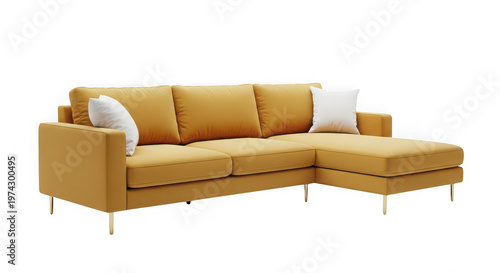 Yellow l shaped sofa with white cushions on transparent background