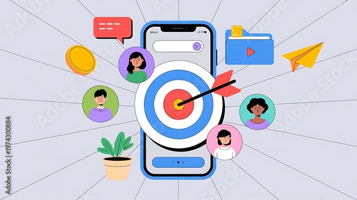 Marketing target, business goal, mobile app, social media, communication icons